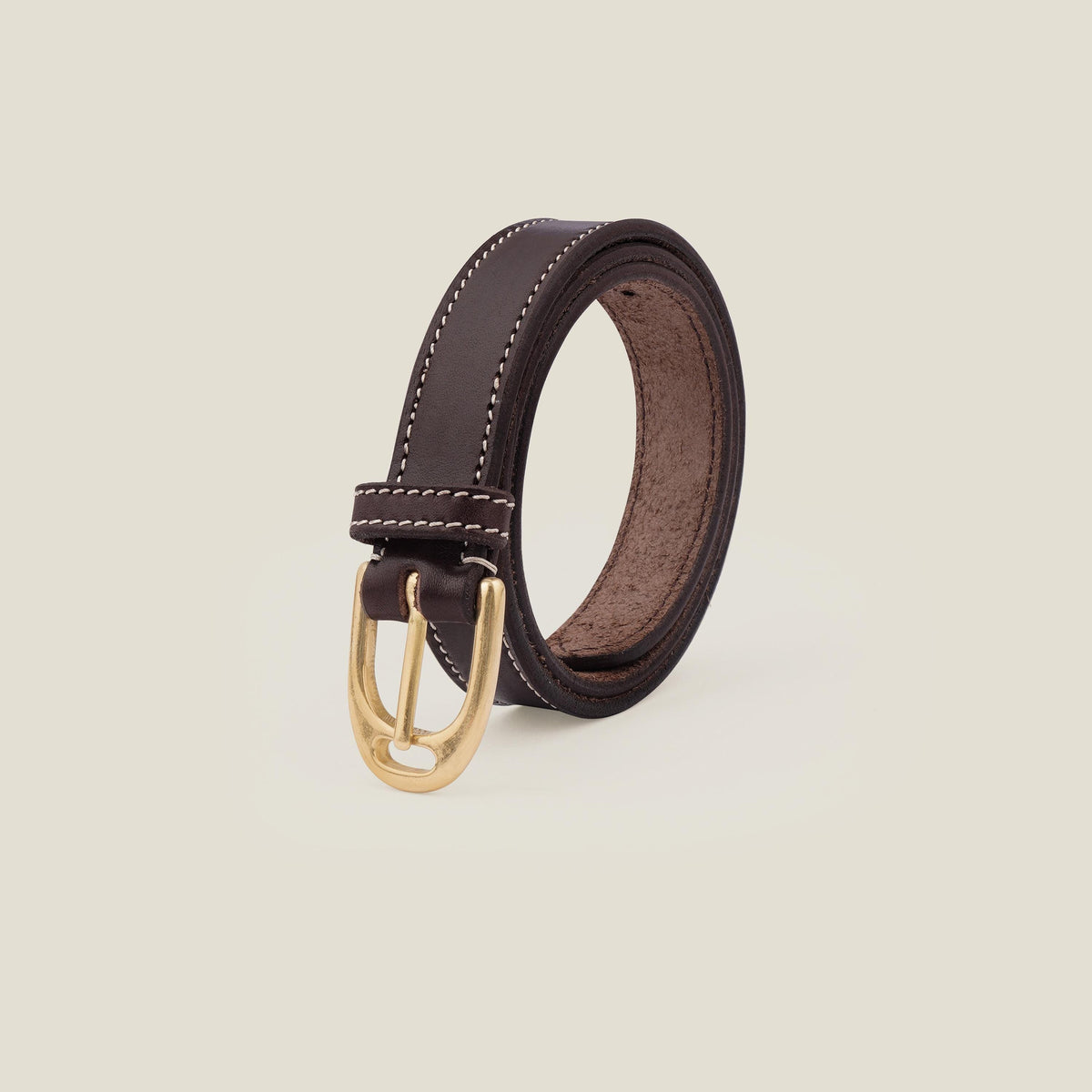 Handmade Leather Belt: Contrast Stitching, Stirrup Solid Brass Buckle