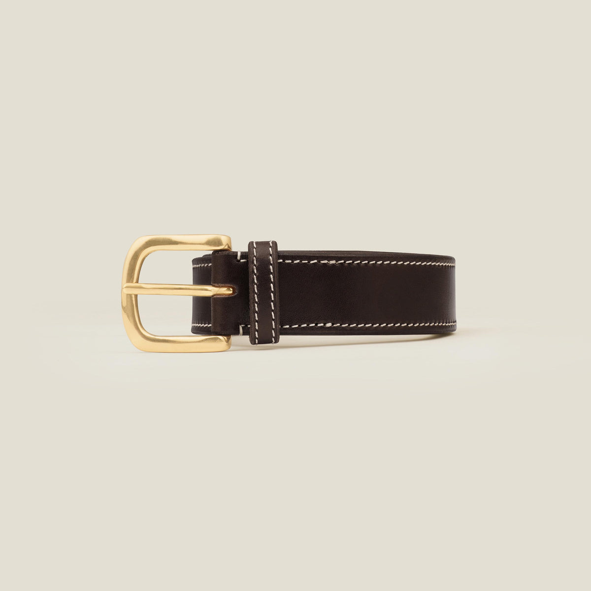 Full Grain Vegetable Tanned Leather Belt: Contrast Stitching Hand Stitched, Brass Buckle