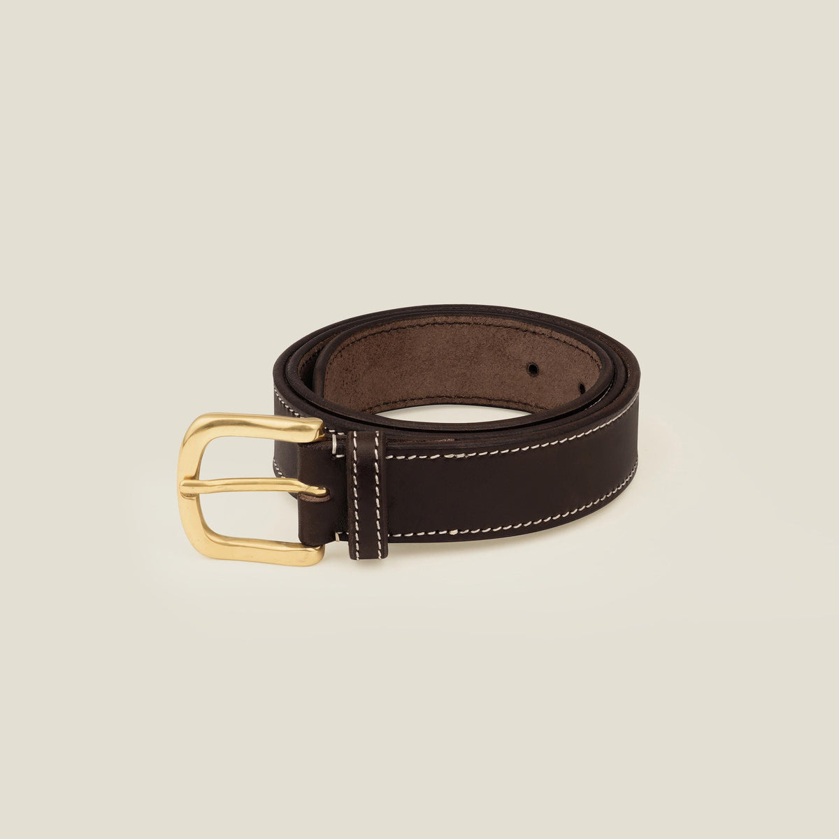 Full Grain Vegetable Tanned Leather Belt: Contrast Stitching Hand Stitched, Brass Buckle