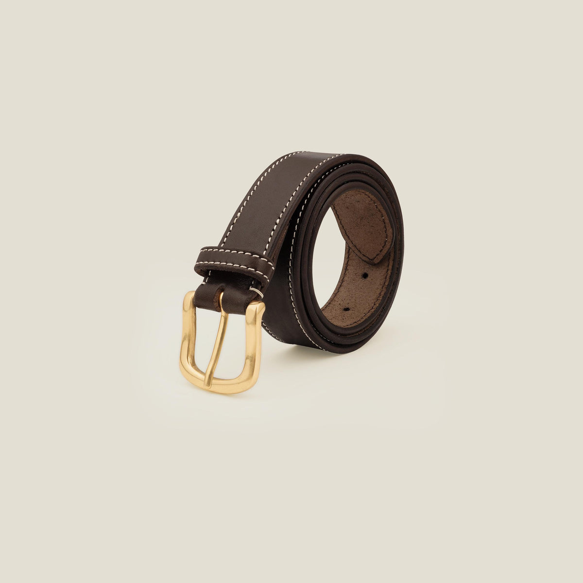 Full Grain Vegetable Tanned Leather Belt: Contrast Stitching Hand Stitched, Brass Buckle