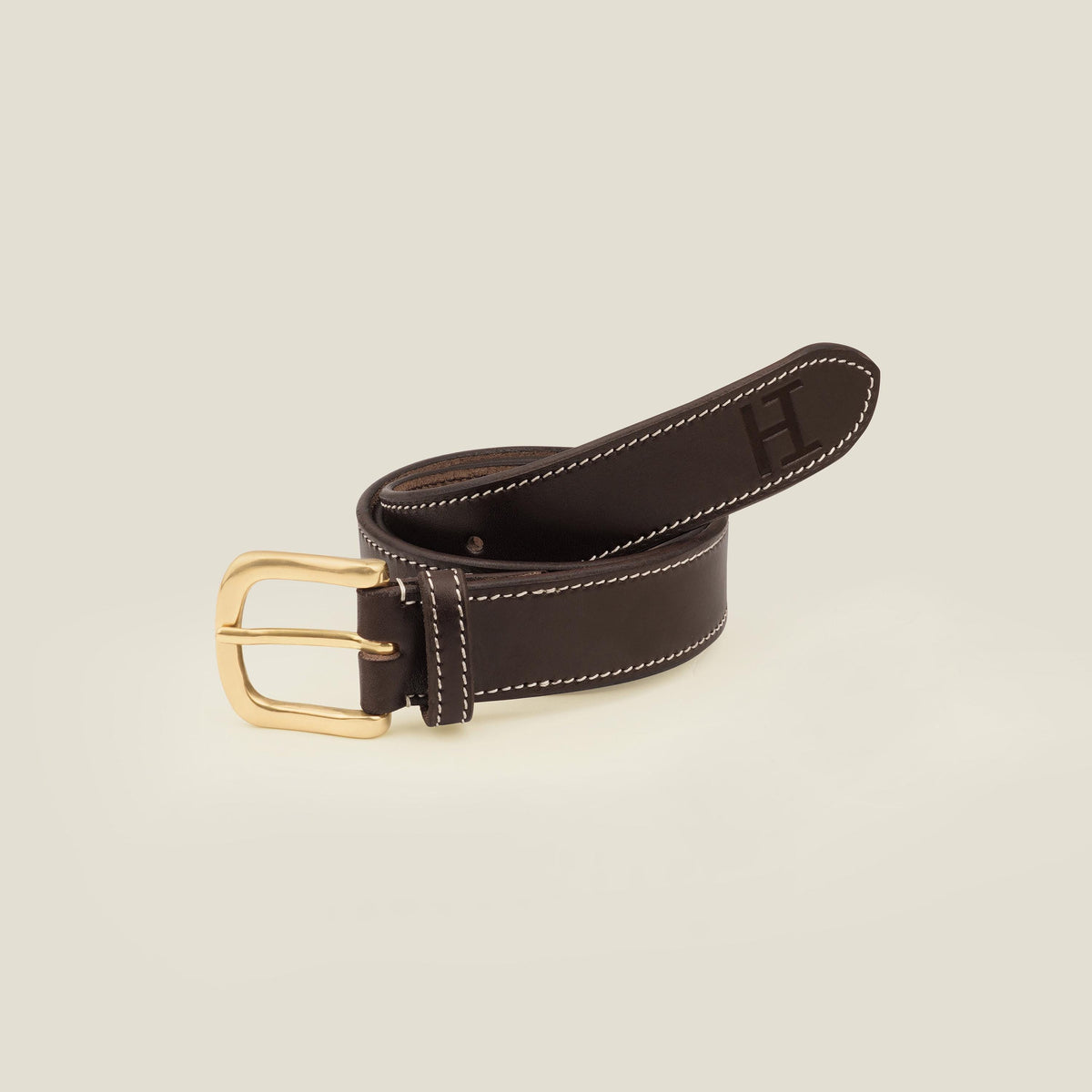 Full Grain Vegetable Tanned Leather Belt: Contrast Stitching Hand Stitched, Brass Buckle
