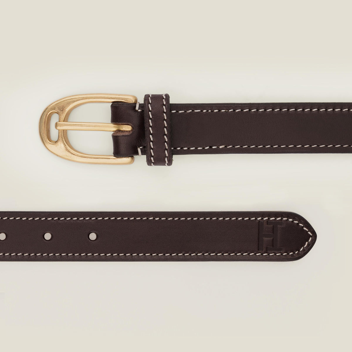 Handmade Leather Belt: Contrast Stitching, Stirrup Solid Brass Buckle