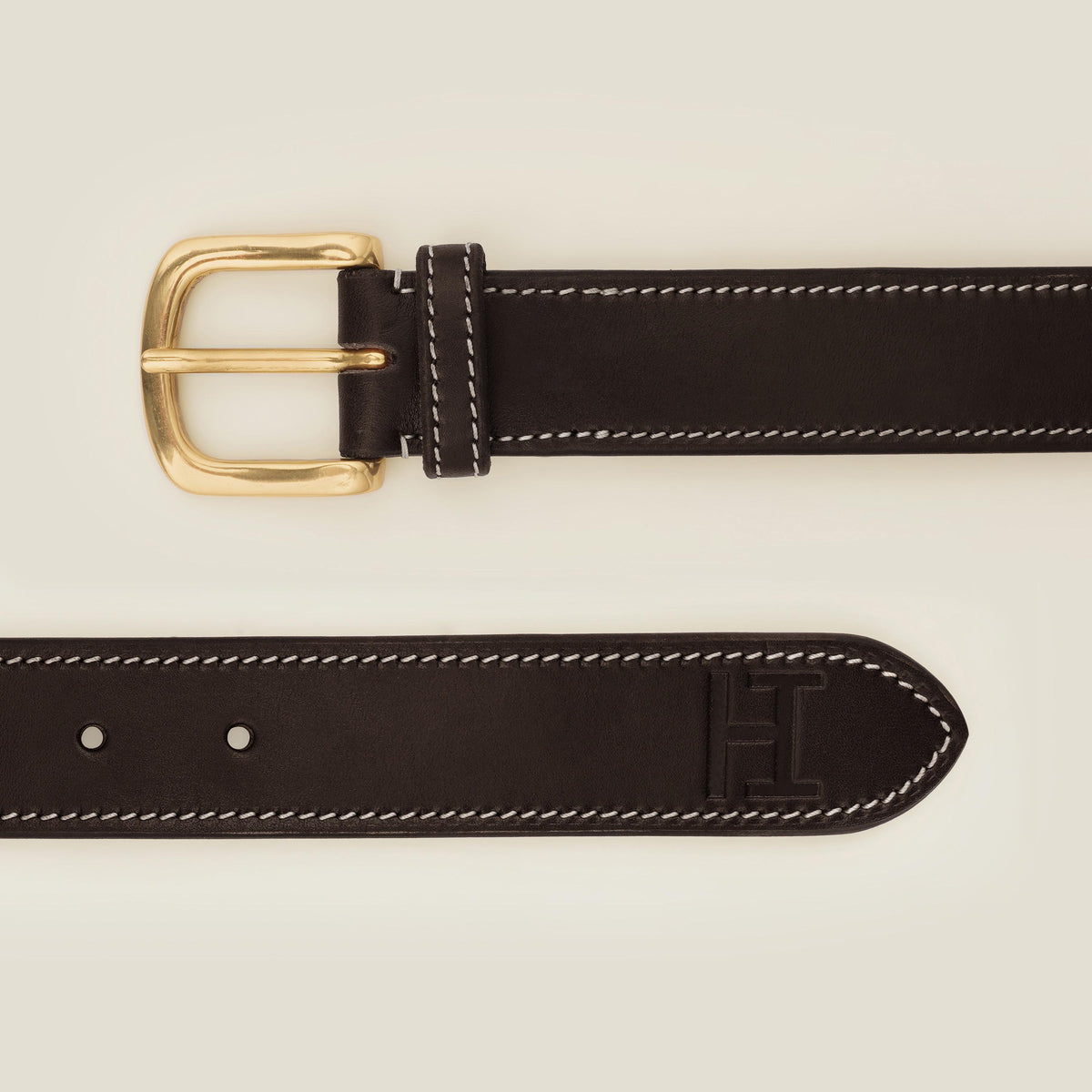 Full Grain Vegetable Tanned Leather Belt: Contrast Stitching Hand Stitched, Brass Buckle